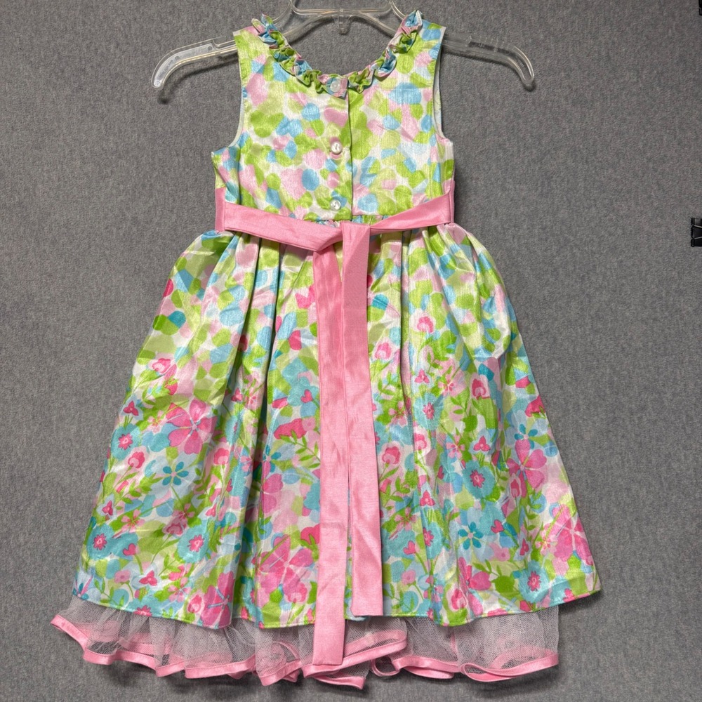 Jona Michelle Girls Floral Party Dress‎ Pink Green Blue Tulle Bow CO8614 Size 5 - Picture 2 of 16